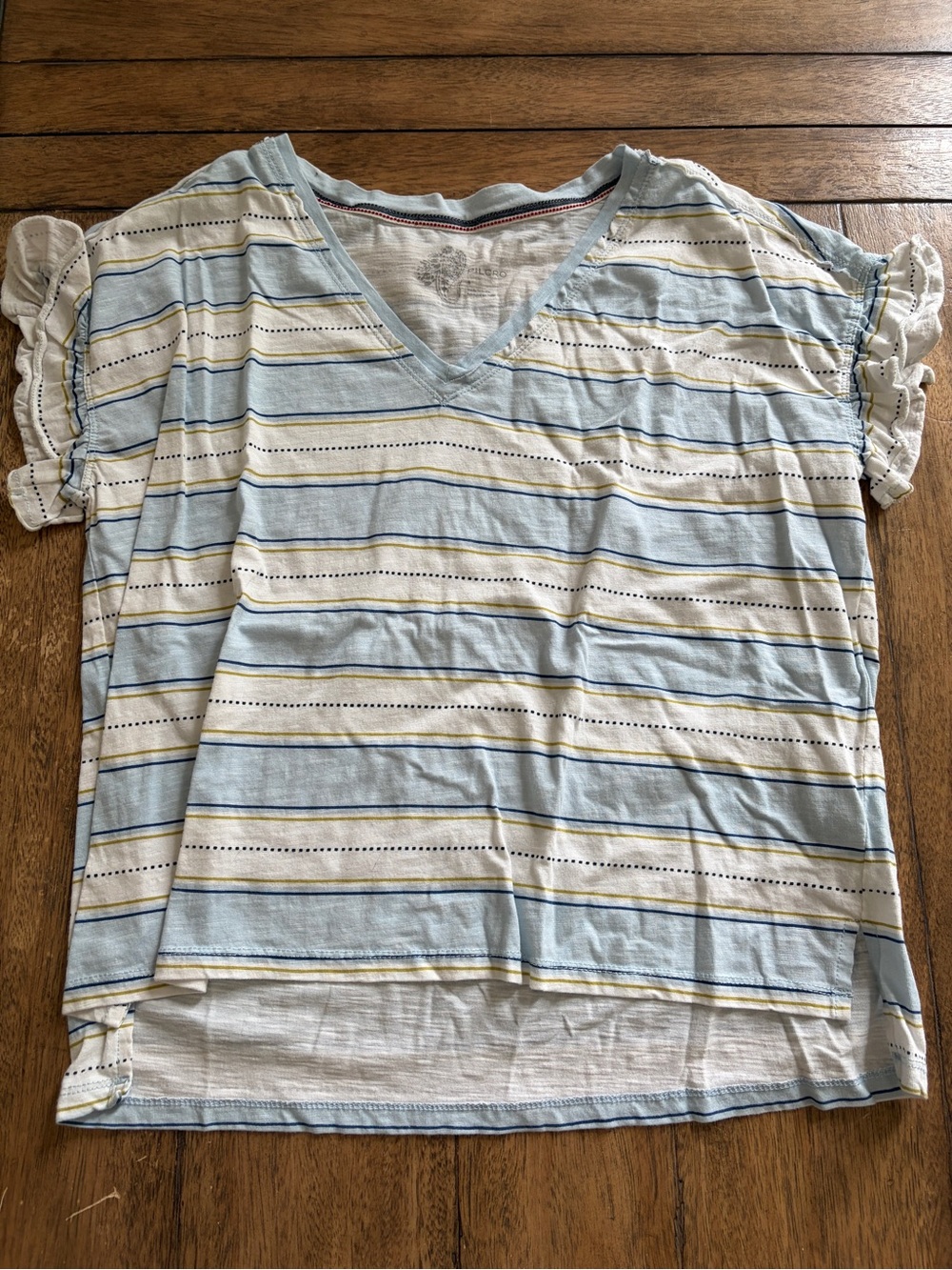 Anthropologie Pilcro Light Blue Striped V-Neck with Yellow & Navy Accents sz S